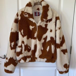 Urban outfitters cow print teddy zip up jacket